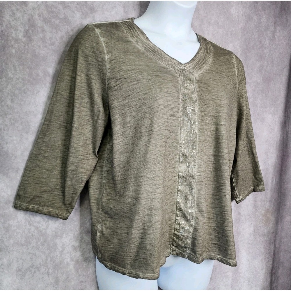 CHICOS Green Womens Top Shirt Blouse Large/2 Sequin V-neck 3/4 Sleeve Cotton - Picture 5 of 8